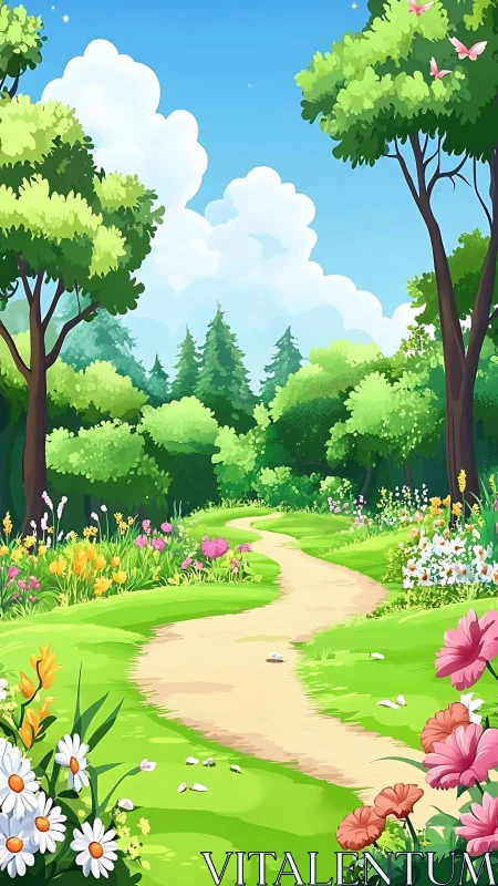 Verdant Landscape with Curved Pathways: Digitally Rendered Natural Panorama.