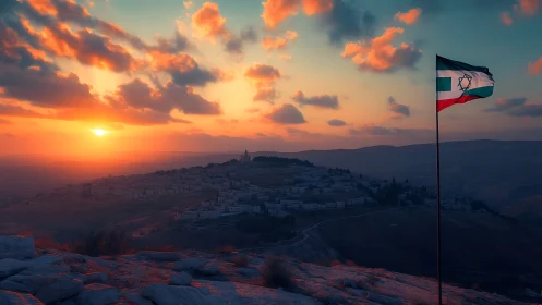 Sunset over a hilltop town with lone flag in warm haze