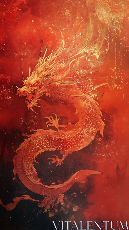 Fiery oriental dragon coils through incandescent crimson haze