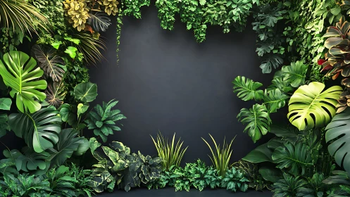 Lush tropical leaf frame around dark central backdrop.