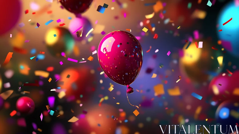 Celebration Burst: Red Balloon Among Confetti in Vibrant Abstract Space