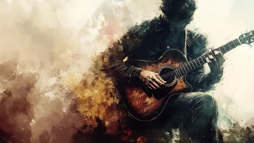 Moody abstract portrait of seated acoustic guitar player.