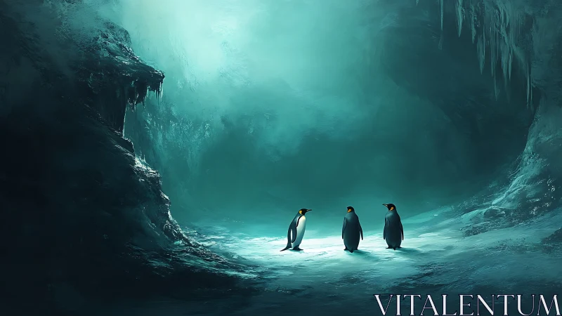 Penguins standing in a vast icy turquoise cavern.