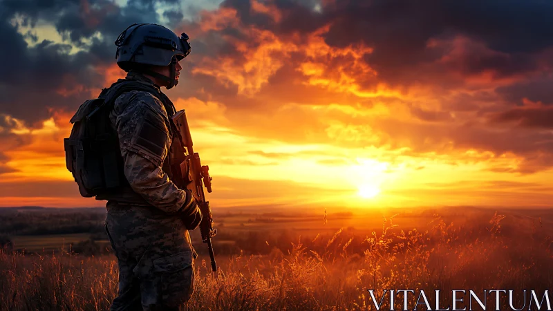 Silhouetted soldier studies a blazing tactical sunset horizon