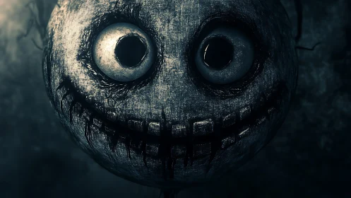 Distorted grinning skull orb dominates eerie dark frame.