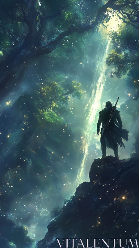 Lone cloaked warrior overlooks luminous enchanted forest