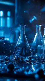 Laboratory glass flask in blue backlight with suspended droplets