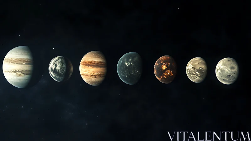 Seven exoplanets aligned in deep space with varied atmospheres