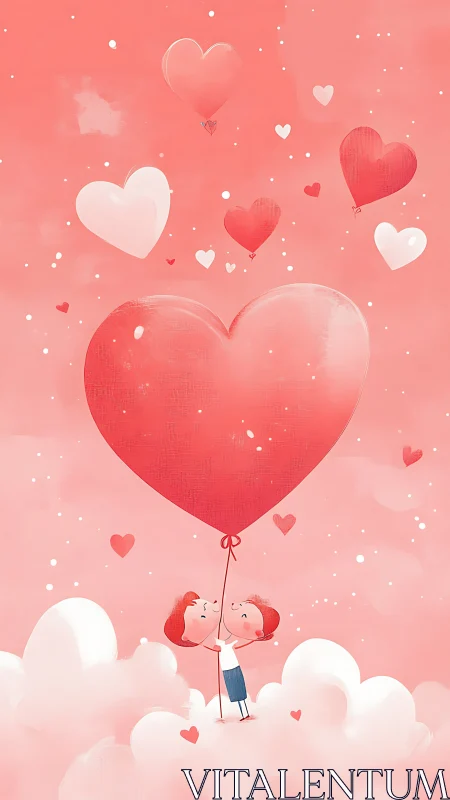 Illustration of Child with Large Heart Balloon Against Pink Background