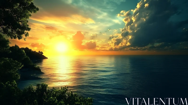 Golden ocean sunset bathes tranquil coastline in vivid light