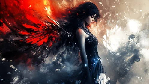 Winged dusk siren ablaze between crimson fire and pale dawn.