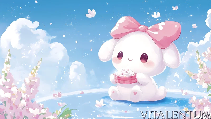 Pastel sky bunny with oversized bow in floral swirl field.