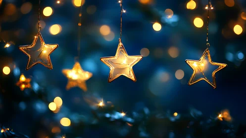 Golden glass star ornaments glowing against deep bokeh.
