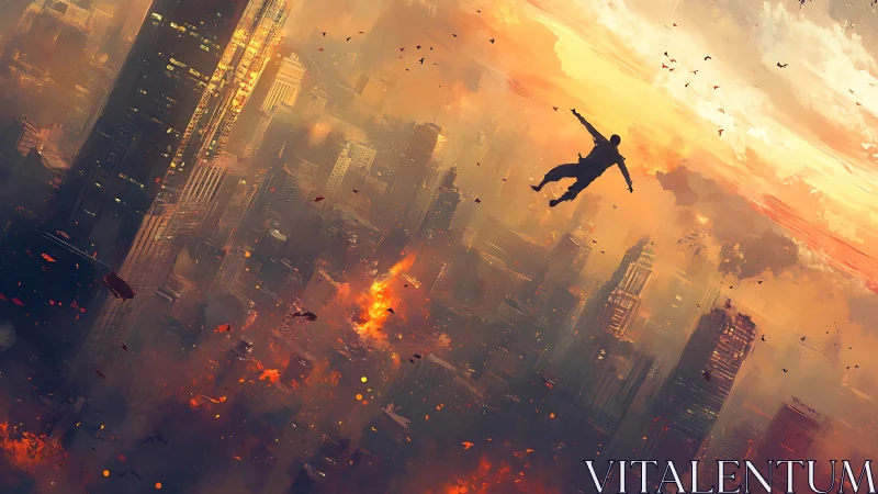 Solitary figure falling above burning futuristic cityscape.