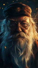 Elderly bearded man stares through round glasses in warm glow