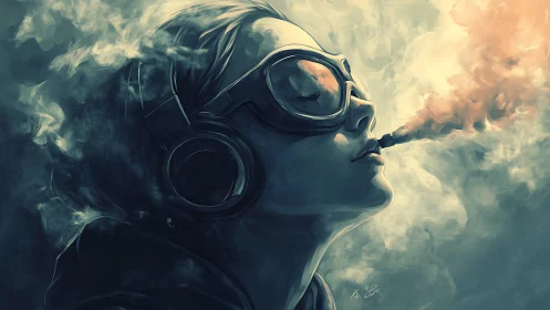 Dreamlike aviator exhales glowing smoke into swirling sky.