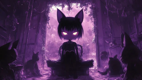 Shadowed cat-eared sovereign rules a violet feral throne room.