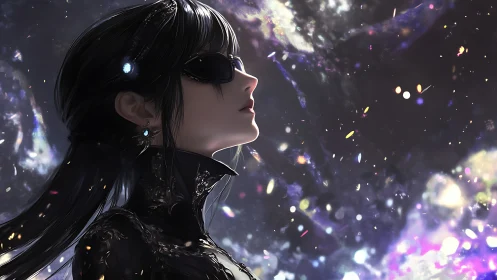 Profile portrait of cybernetic woman against nebular particle field