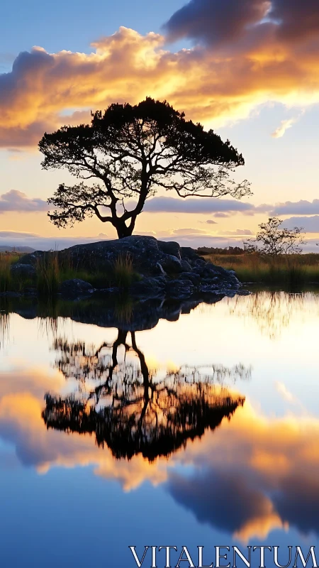 Lone dusk tree mirrored in a sky-tinted stillwater dreamscape.