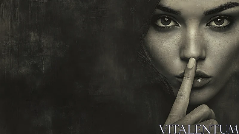 Mysterious Woman Portrait in Monochrome Whispering Gesture.