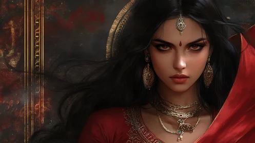 Digital portrait of jeweled woman in red sari, cinematic lighting