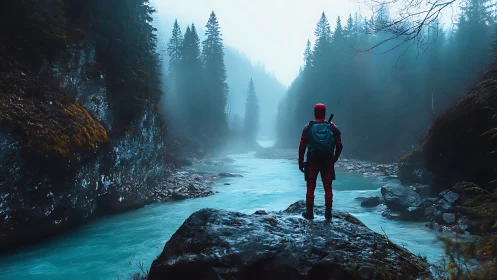 Solitary trekker above glacial river in misty conifer gorge.