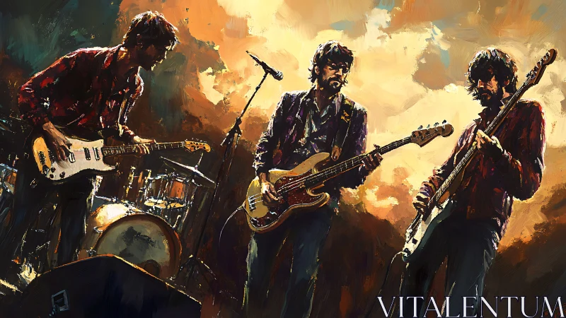 Rock trio on stage in expressive digital painting style.