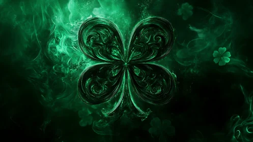 Glowing emerald shamrock swirls in dark mystical smoke