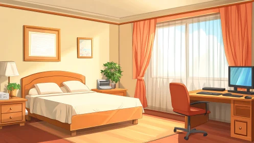 Digital painting of sunlit minimalist bedroom workspace.