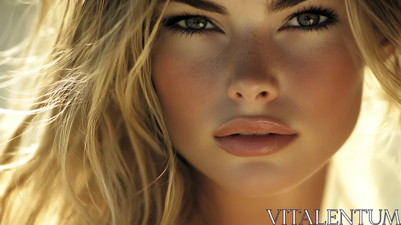Close-up digital portrait of blonde woman in soft light.