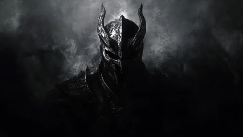 Dark armored warlord emerging from shadowed storm.