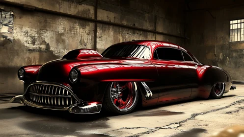 Custom crimson lowrider coupe rendered in dramatic photorealism