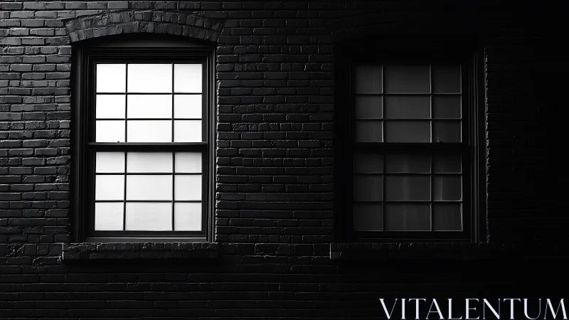 Twin brick windows in stark monochrome contrast at night.
