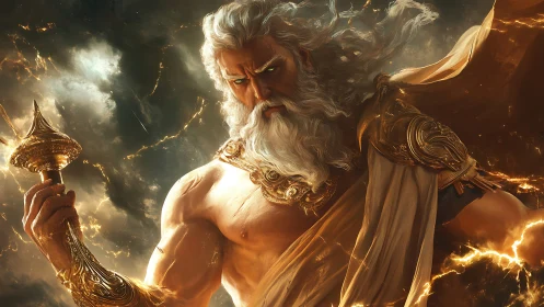 Mythic armored figure amid storm clouds and golden light.