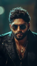 Male subject wears sunglasses and layered jewelry in low light