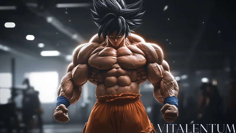 Titan warrior charges power in a smoky steel training hall.