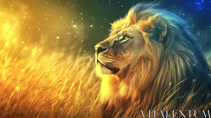 Fantasy digital lion portrait with luminous bokeh fields.