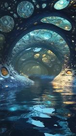 Fractal water caverns glow with bioluminescent light.