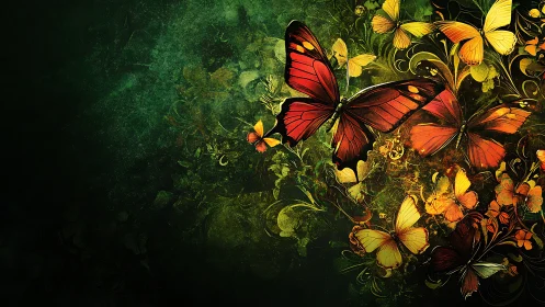 Vivid red and yellow butterflies over dark green background.