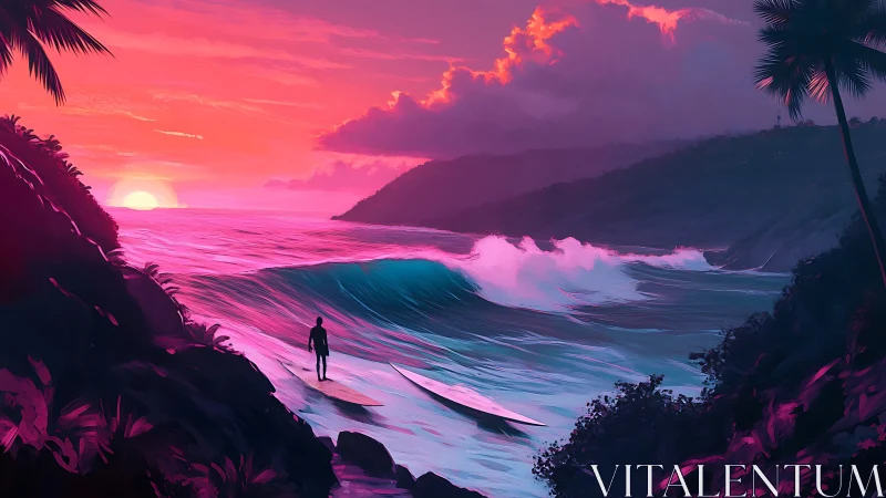 Electric sunset surf break with solitary shoreline figure.