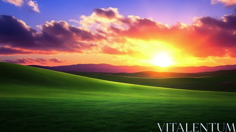 Golden sunset glows gently over rolling emerald hills