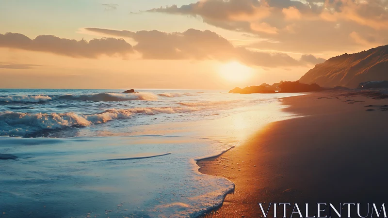 Sunset light intersects shoreline, waves, and distant cliffs