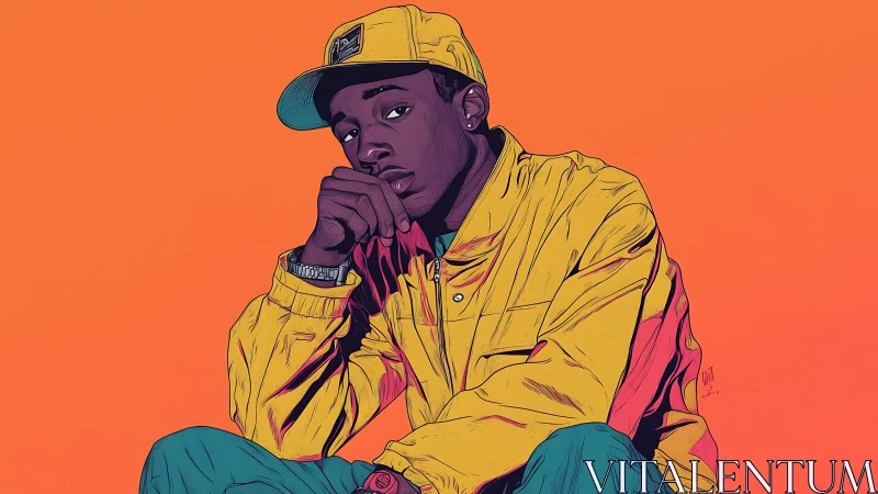 Bold street portrait in sunlit yellow against vivid orange.