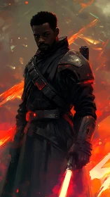 Armored dark warrior with energy sword amid molten sparks