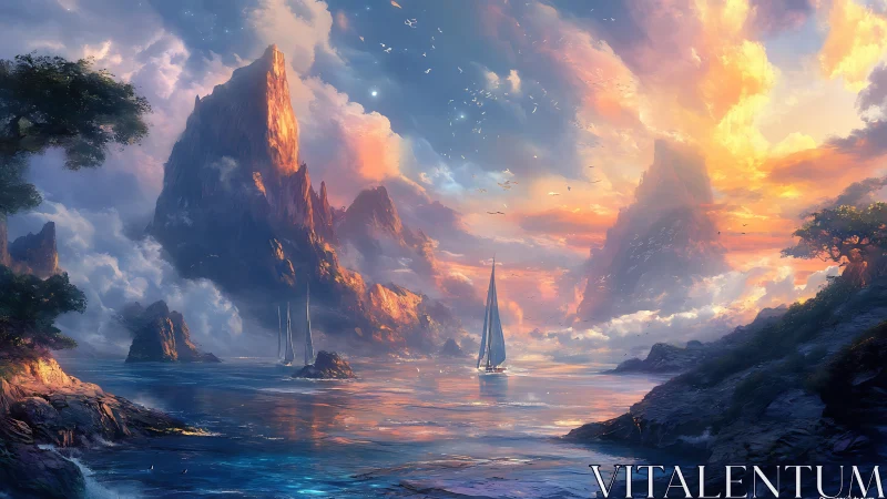 Luminous Coastal Cathedral: Ethereal Harbor Illuminated by Golden Sunset.