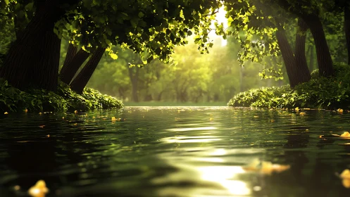 Sunlit river refuge under a gentle green forest canopy.