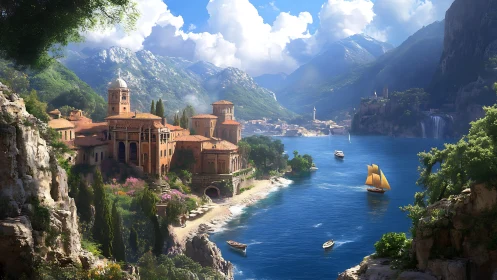 Coastal monastery complex overlooks mountainous blue inlet