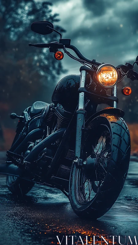 Low-angle wet street study of black cruiser motorcycle in rain