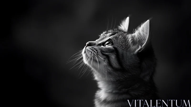 Black and white portrait of domestic cat looking upward