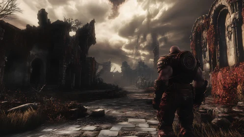 Armored figure in ruined stone city under dense overcast sky.